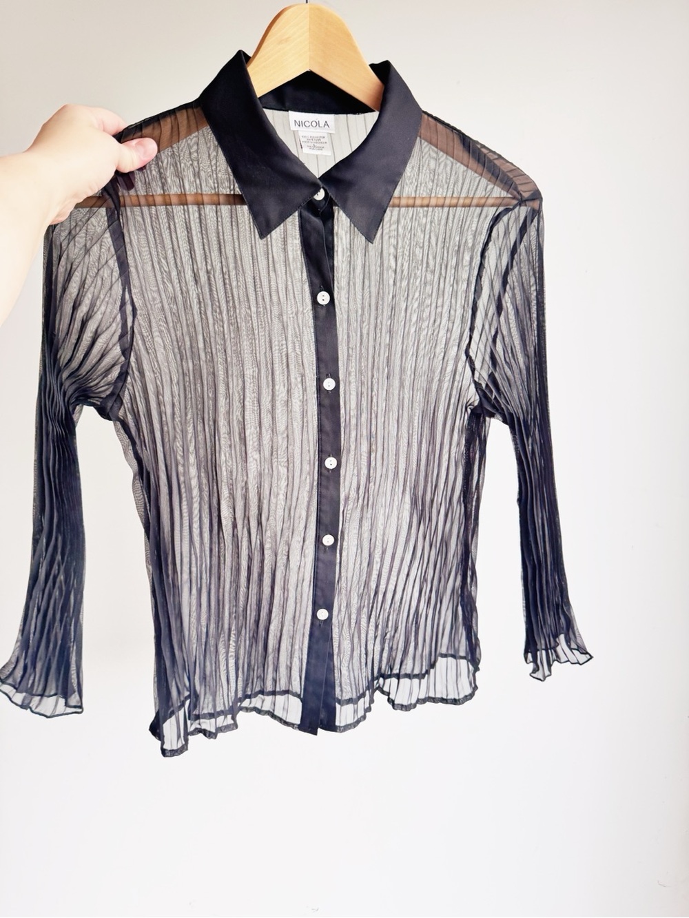 Vintage Nicola Sheer Black Accordion Pleat Blouse Button Down Goth Romantic L - Picture 6 of 6
